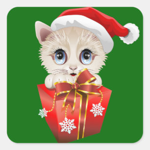 Sticker Carré Kitten Noël Père Noël avec cadeau