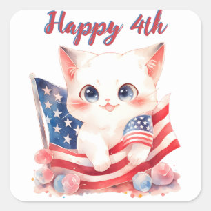 Sticker Carré Kitten patriotique 4 juillet Happy 4th Custom