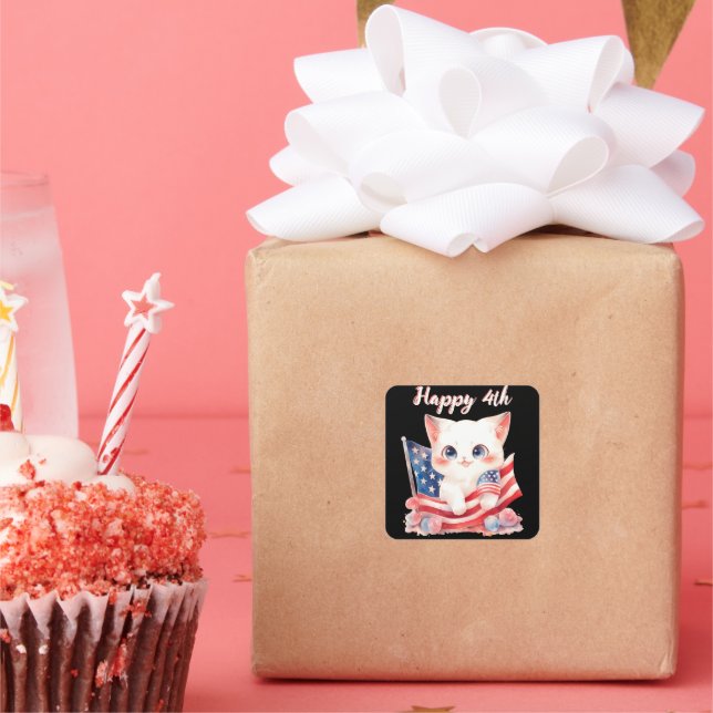Sticker Carré Kitten patriotique 4 juillet Happy 4th Custom (Fête)
