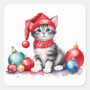 Sticker Carré Kitten Père Noël gris et blanc avec boules