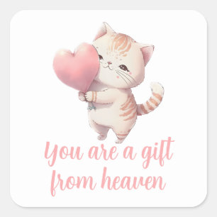 Sticker Carré Kitten Saint-Valentin Cœur Rose Aquarelle Chat Amo