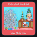 Sticker Carré Kitty's First Christmas Tree Head Vase Santa Claus<br><div class="desc">Joliment créé à partir d'une peinture acrylique originale de Blonde Blythe.</div>
