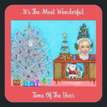 Sticker Carré Kitty's First Christmas Tree Head Vase Santa Claus<br><div class="desc">Joliment créé à partir d'une peinture acrylique originale de Blonde Blythe.</div>