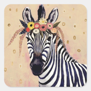 Sticker Carré Klimt Zebra Orné De Fleurs