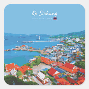 Sticker Carré Ko Sichang, Thaïlande - Vue animée du port