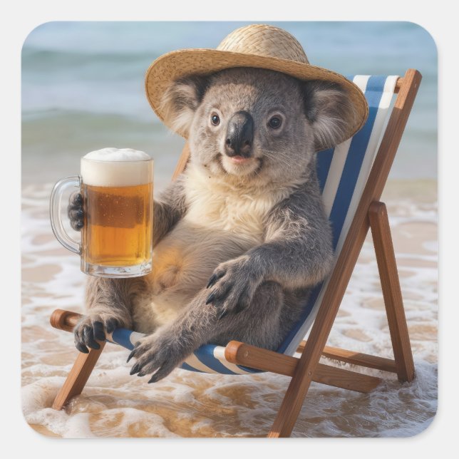 Sticker Carré Koala Bear With a Beer on a Beach (Devant)