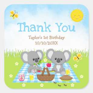 Sticker Carré Koala Bears Pique-nique Anniversaire Bleu En vichy