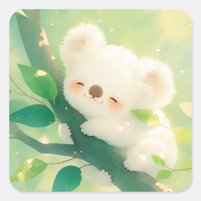 Sticker Carré Koala heureux serrant une branche dans ses bras (Devant)