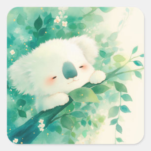 Sticker Carré Koala rêveur parmi les feuilles émeraude