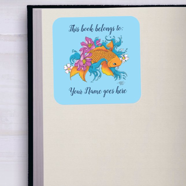 Sticker Carré Koi Fish Lotus Cerry Blossoms Plaque de réservatio (Créateur téléchargé)