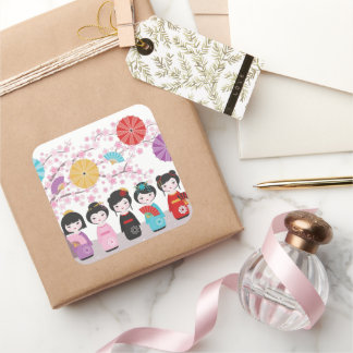 Sticker Carré Kokeshi Dolls