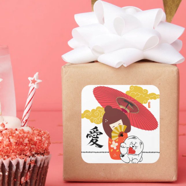 Sticker Carré KOKESHI LOVE  Chow dog heart  (Créateur téléchargé)