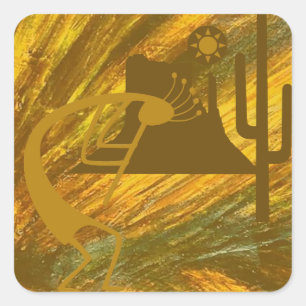 Sticker Carré Kokopelli Abstrait avec Mesa, Cactus et Sun