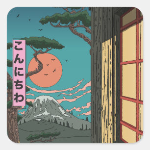 Sticker Carré Konnichiwa Coucher de soleil japonais