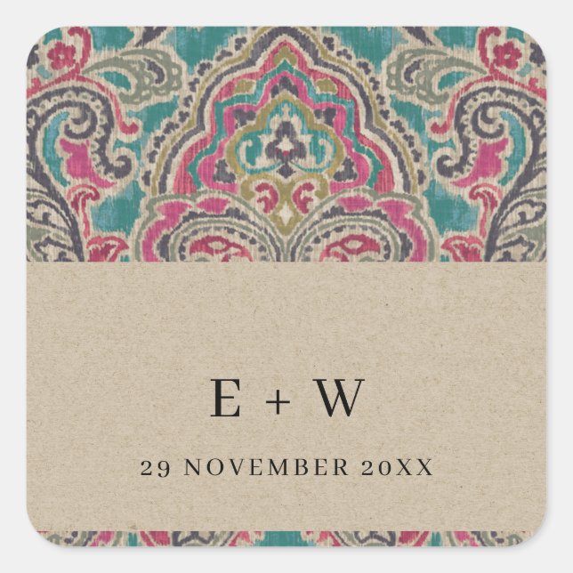 STICKER CARRÉ KRAFT BOHO TRIBAL IKAT PINK MARIAGE TURQUOISE MONO (Devant)