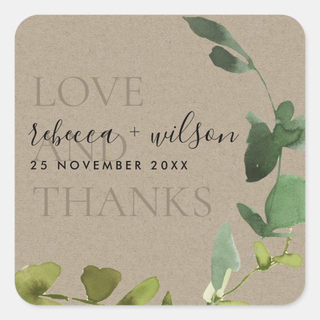 STICKER CARRÉ KRAFT EUCALYPTUS WATERCOLOR AMOUR & MERCI MARIAGE (Devant)