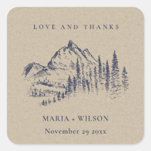 Sticker Carré Kraft Navy Pine Woods Mountain Sketch Mariage