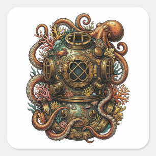 Sticker Carré Kraken's Embrace - Vintage Dive Helmet