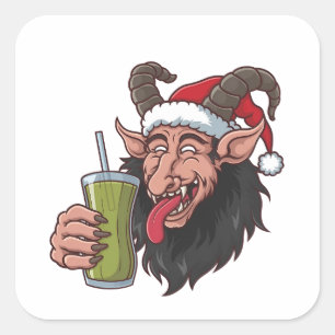Sticker Carré Krampus Boit du Matcha Vert Noël Épouvantable