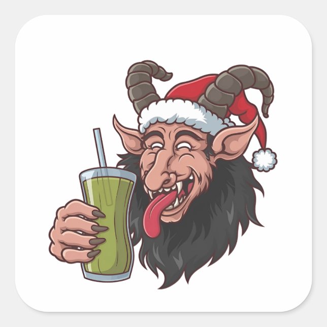 Sticker Carré Krampus Boit du Matcha Vert Noël Épouvantable (Devant)