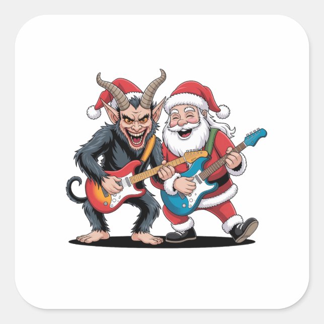 Sticker Carré Krampus et Père Noël Jouer à la guitare électrique (Devant)