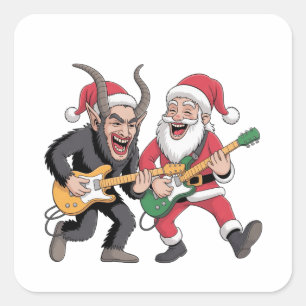 Sticker Carré Krampus et Santa Jouant de la Guitare Électrique X