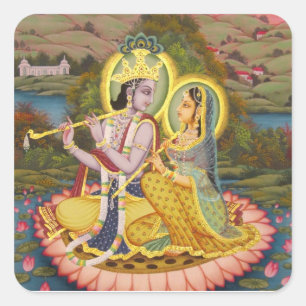 Sticker Carré Krishna et Radha sur le lotus