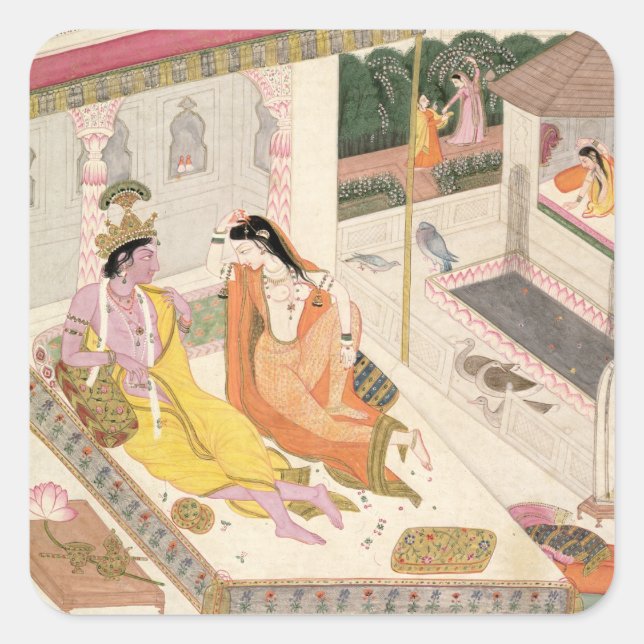 Sticker Carré Krishna et Radha sur un lit dans un palais mogul,  (Devant)