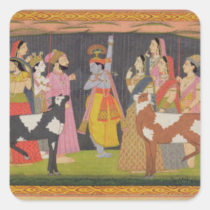 Sticker Carré Krishna lifting Mount Govardhana, from 'Bhagav