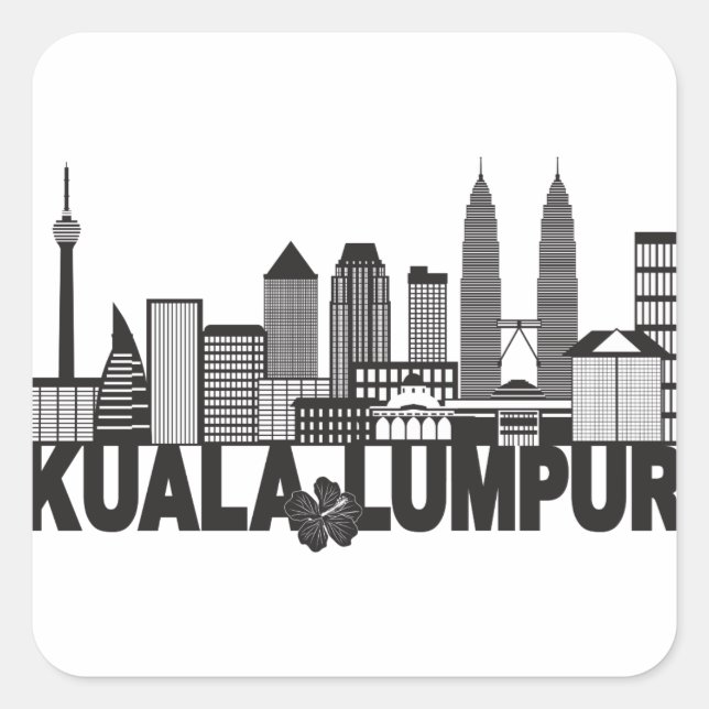 Sticker Carré Kuala Lumpur City Skyline Texte noir et blanc (Devant)