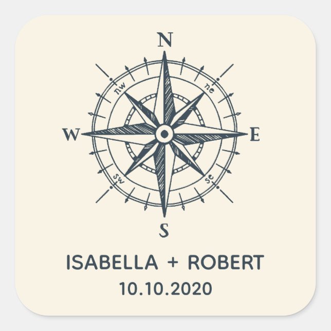 Sticker Carré La boussole bleue | Monogramme Mariage (Devant)