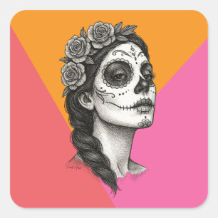 Sticker Carré La Catrina mexicaine avec la Journée Rose des mort