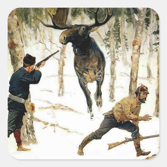 Sticker Carré La chasse à l'orignal par Frederic Remington (Devant)