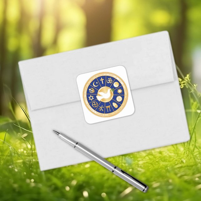 Sticker Carré La colombe de la paix (Dove of Peace Square Sticker.
Gold icons of world faiths.)