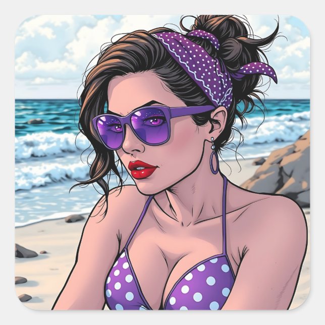 Sticker Carré La dame de plage à Shades, Bikini et Bandana (Devant)