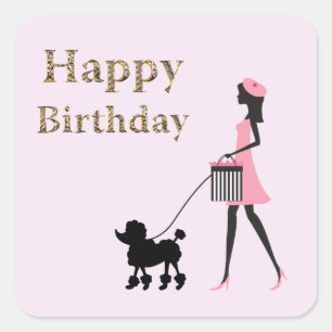Sticker Carré La dame marche poodle noir Joyeux anniversaire