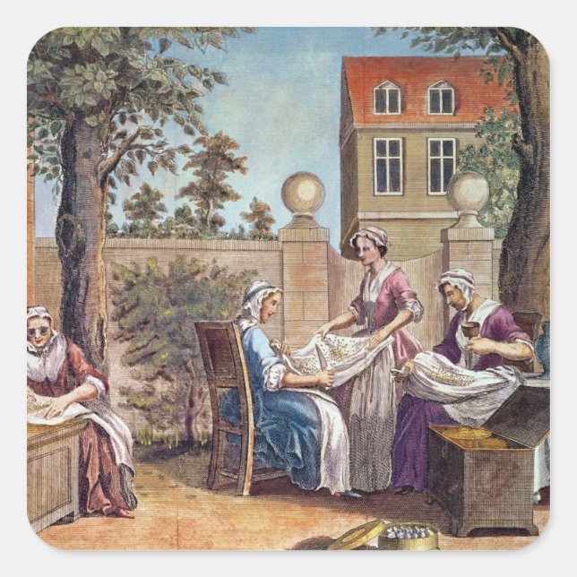 Sticker Carré La fabrication de la soie, gravée par J. Hinton (Devant)
