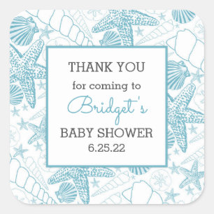 Sticker Carré La faveur bleue de baby shower de coquilles de mer