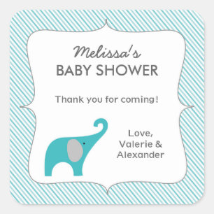 Sticker Carré La faveur de baby shower d'éléphant de turquoise