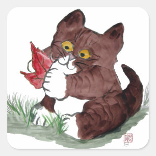 Sticker Carré La feuille rouge I Gotcha, indique le chaton.
