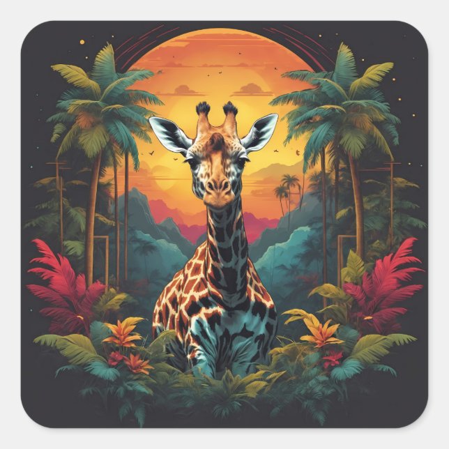 Sticker Carré La girafe dans la jungle | (Devant)