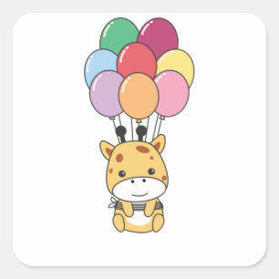 Sticker Carré La Giraffe S'Envole Avec Des Ballons Colorés