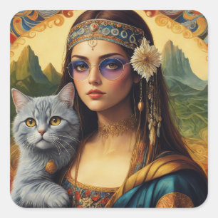 Sticker Carré La jeune hippie Mona Lisa et son chat gris