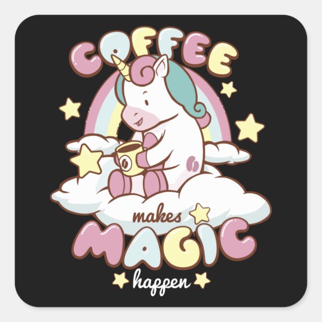 Sticker Carré La licorne de café fait la magie (Devant)
