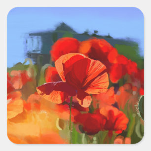 Sticker Carré La maison aux coquelicots - peinture à l'huile