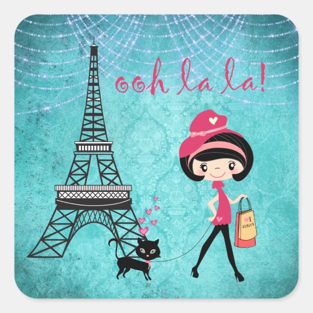 Sticker Carré La Paris Girl et Cat With Eiffel Tower (Devant)