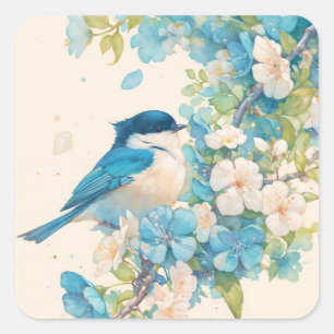 Sticker Carré La Sérénade de la mésange parmi les fleurs bleues