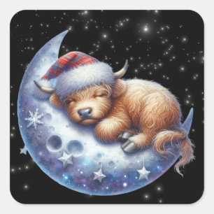 Sticker Carré La vache de père Noël Highland dort sur la lune
