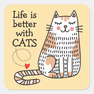 Sticker Carré La Vie Est Meilleure Avec Les Chats Doodle