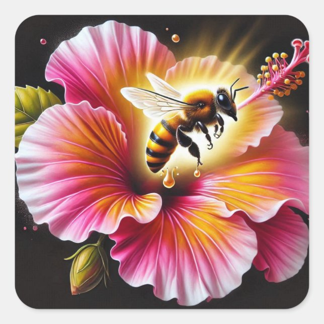 Sticker Carré L'abeille de miel pollinise un Hibiscus lumineux e (Devant)